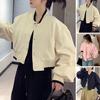 Fall Spring Women Jacket Stand Collar Solid Color Long Sleeves Single-breasted V Neck High Street Preppy Style Baseball Coat Loose Cardigan Short Coat