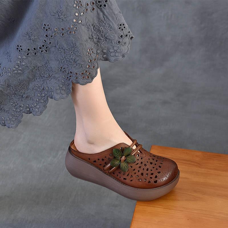Johnature Ethnic Style Flower Wedges Slippers Genuine Leather Hollow Retro Outdoor Women's Sandals