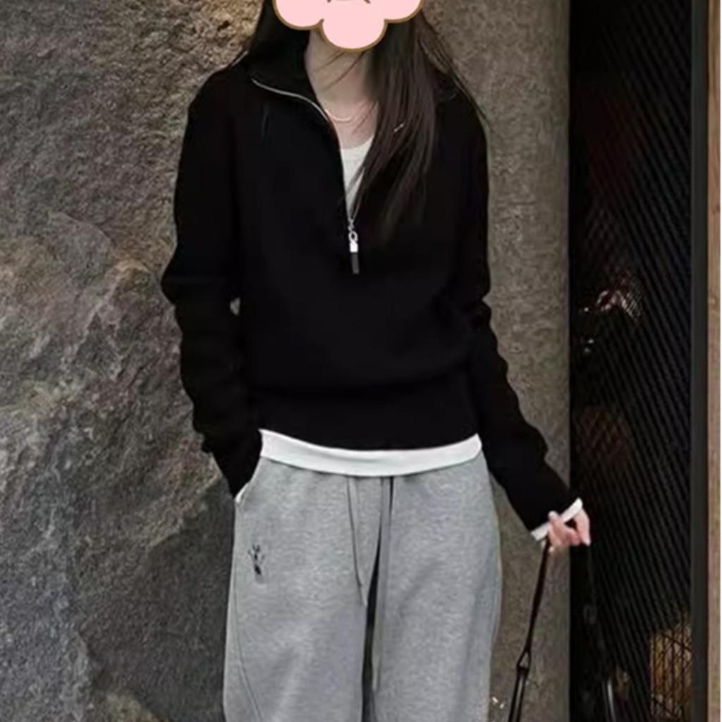 Women's Autumn Winter Half-Zip High Neck Sweater Stylish Gray Inner Wear Knit Top