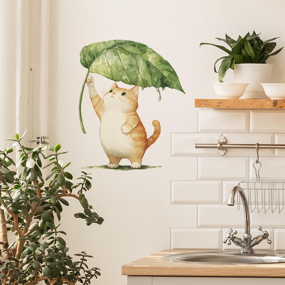 Cartoon Cat Leaf Umbrella Wall Sticker Self-Adhesive Removable Bedroom Dorm Hallway Home Decor
