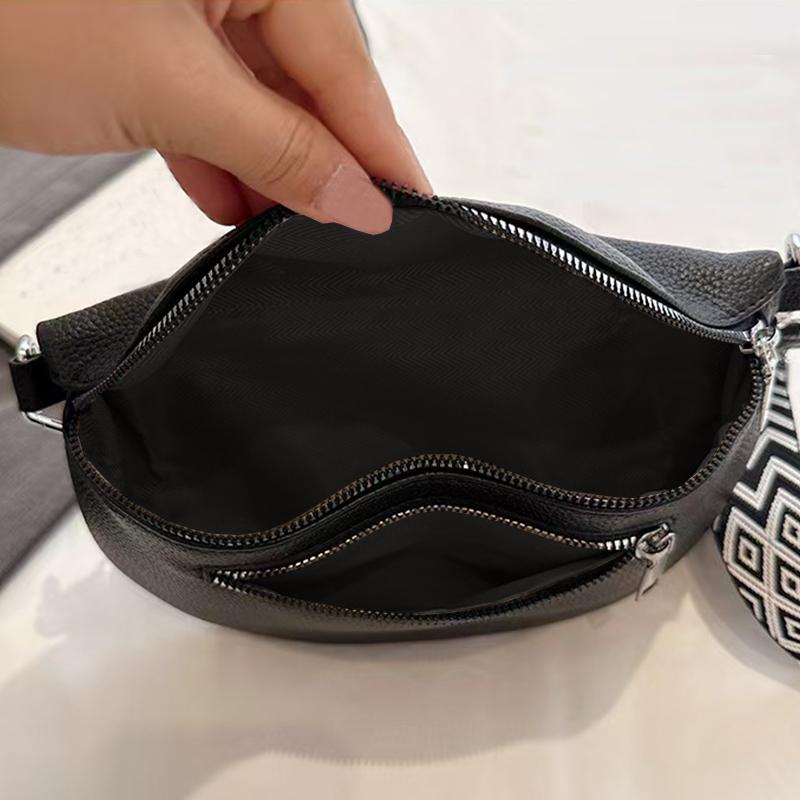 Sleek Black Faux Leather Waist Bag with Patterned Strap, Adjustable, Lightweight for Daily Commute, Casual, Stylish, Functial Bag