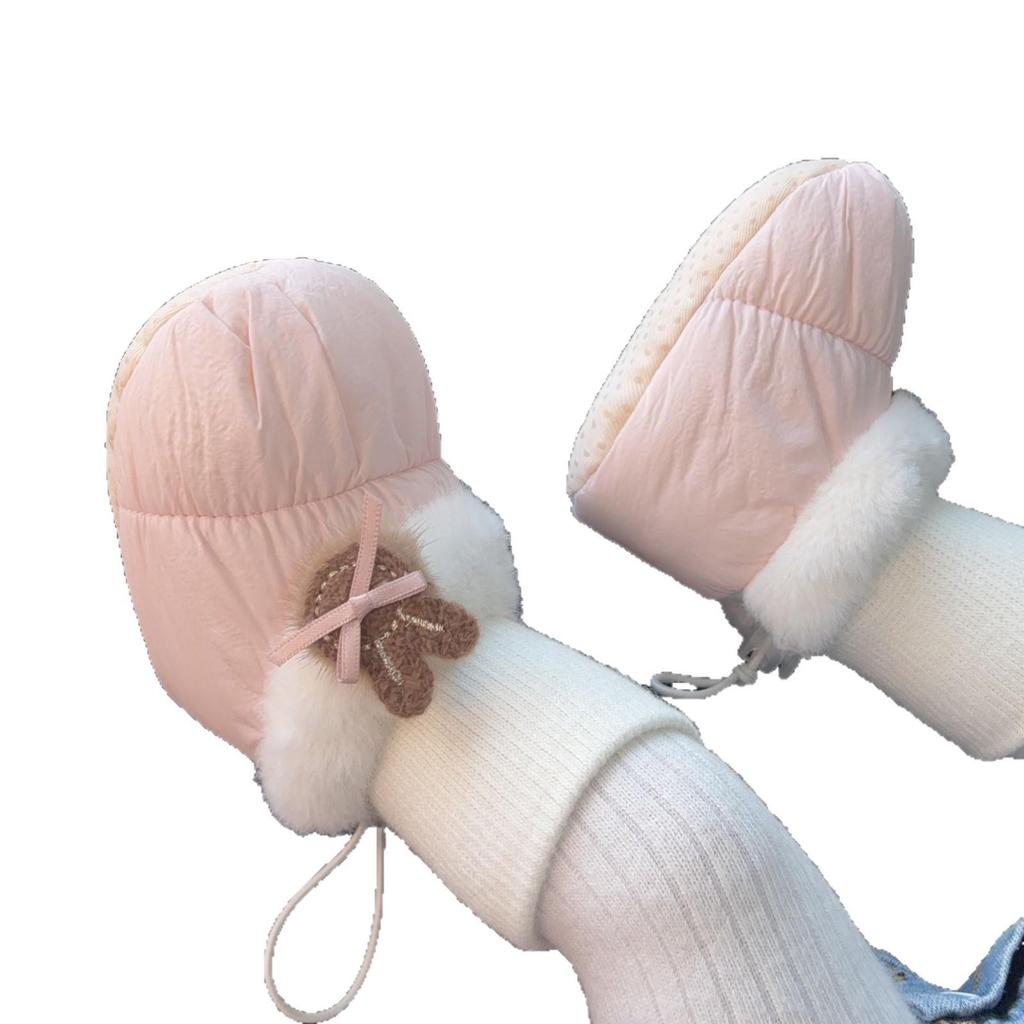 Warm Fleece-Lined Soft-Soled Baby Girl Cotton Shoes & Socks, Newborn to 1 Year, Flower Design, Foot Protection Boots