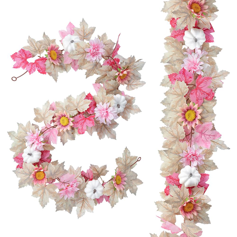 71 Inch Artificial Garland with Pink Flowers and For Fall Pumpkins for Autumn Seasonal Home Decoration and Parties