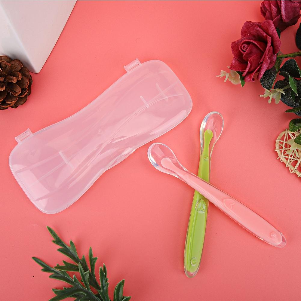 2PCS/Set Silicone  Soft Tip Spoons for Babies Over 4 Months Old with Box (Green and Pink)