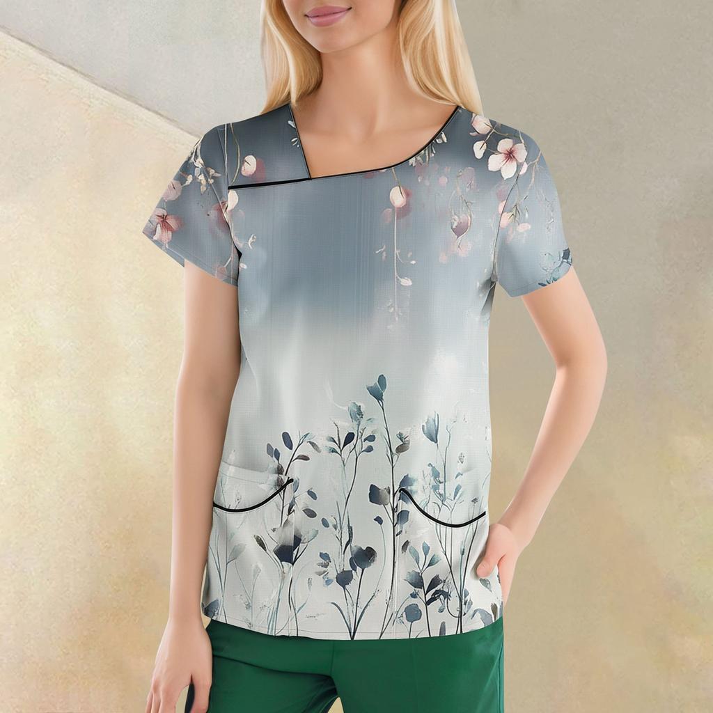 Women's Casual  Print Short Sleeve Sloping Collar Workwear Top With Double Pockets