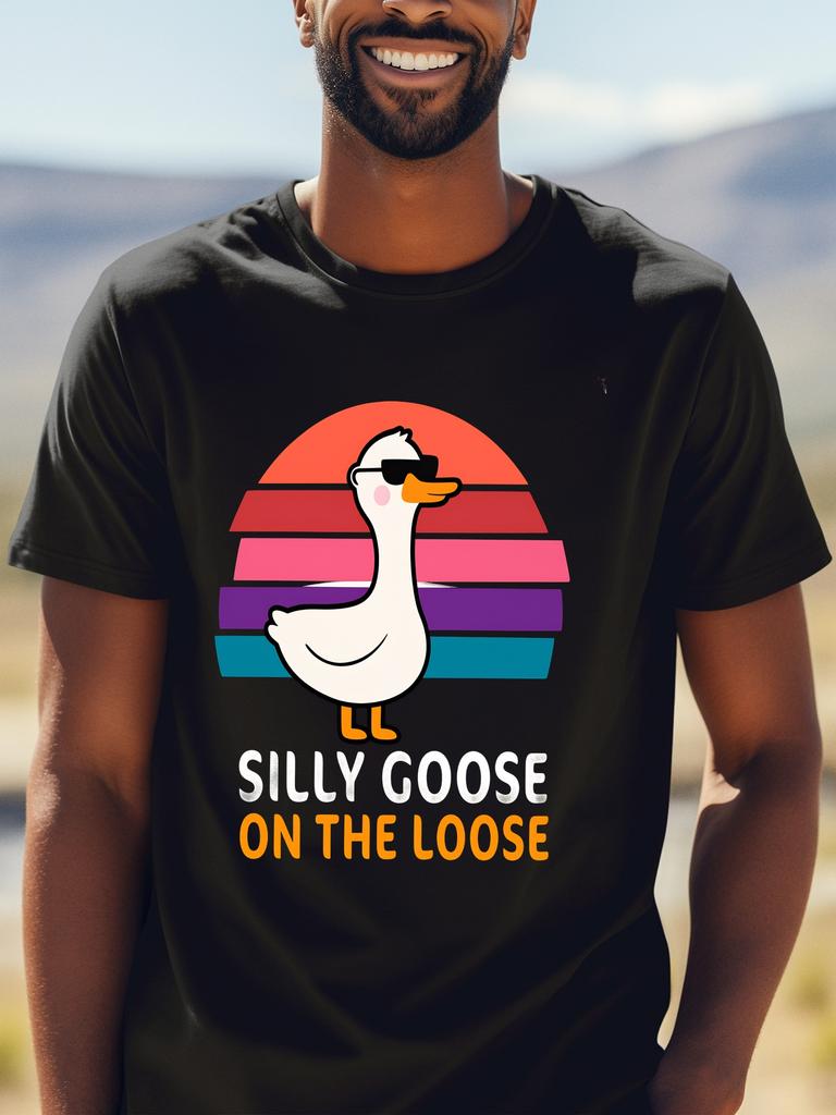 Men Cotton Tee Retro Silly Goose Graphic Short Sleeve Crew Neck Casual Street T Shirt For Funny Animal Lovers Summer Daily Tops