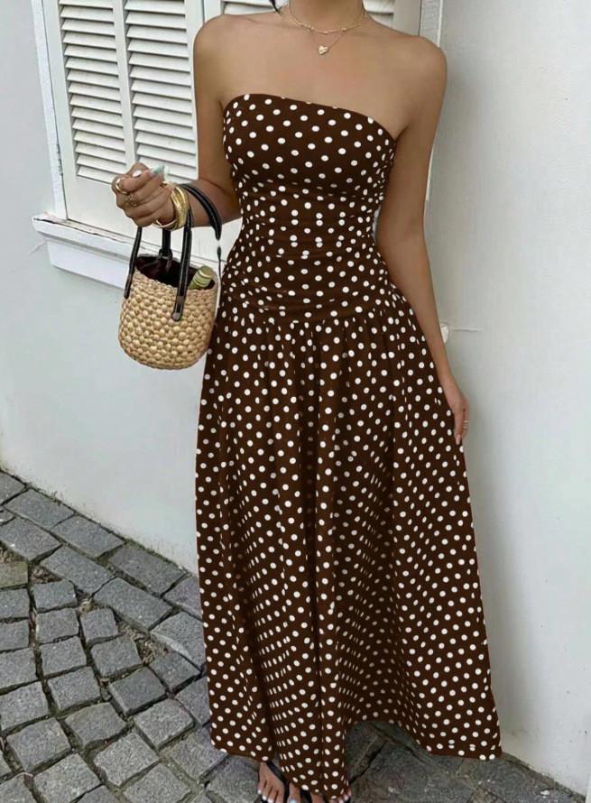 Ärmelloses High-Neck-Langkleid mit Wellenpunktmuster und Rüschensaum für Büro und Alltag