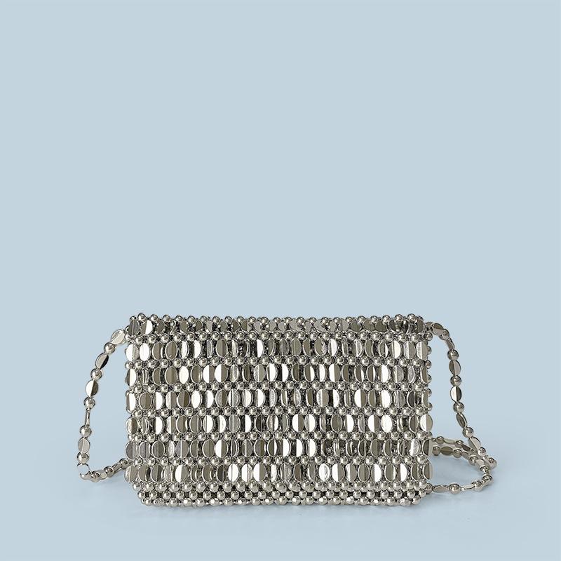 Summer Blingbling Retro Silver Hollow Design Handmade Beaded Flip Phone Bag Luxury Women Shoudler Bag Lady Crossbody Bags