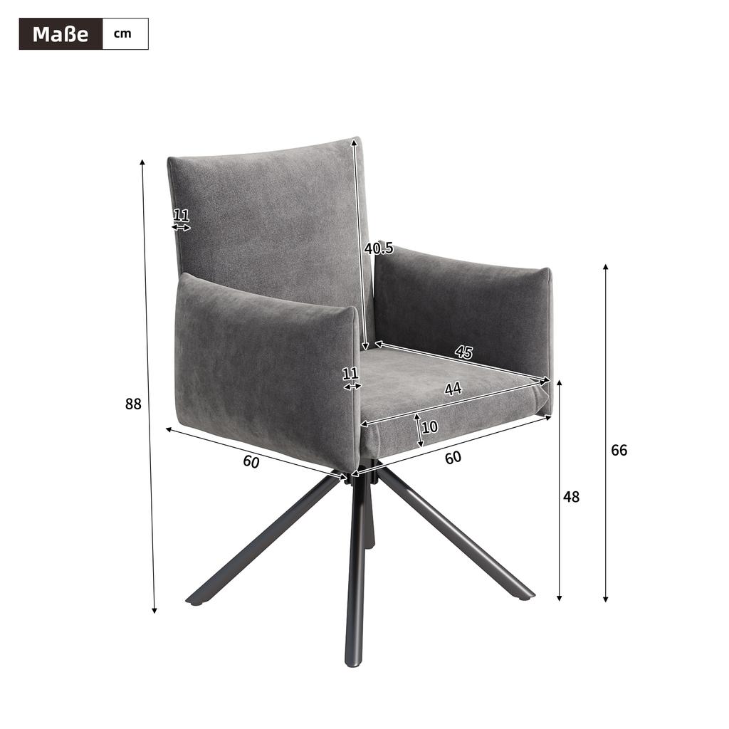Set of Two Dining Chairs, Upholstered Armchair with 4 Metal Legs, 360 degrees Casual Swivel Chair, Work and Desk Chair, Lumbar Support, Velvet, Grey