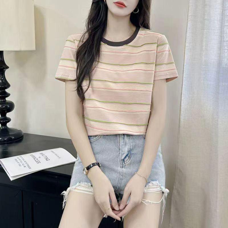 

Женский хлопковый топ большого размера с синей полоской, оборками и короткими рукавами M розовый