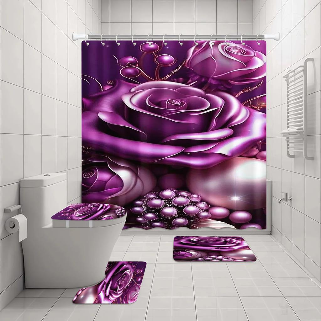 Rose Shower Curtain Love Couple Bath 4 Pcs Set Cute Cartoon Luxury Accessories Sets Full Mats Gifts for Boys Girls