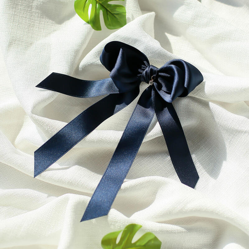 Satin Long Ribbon Automatic Hairpin (Navy)