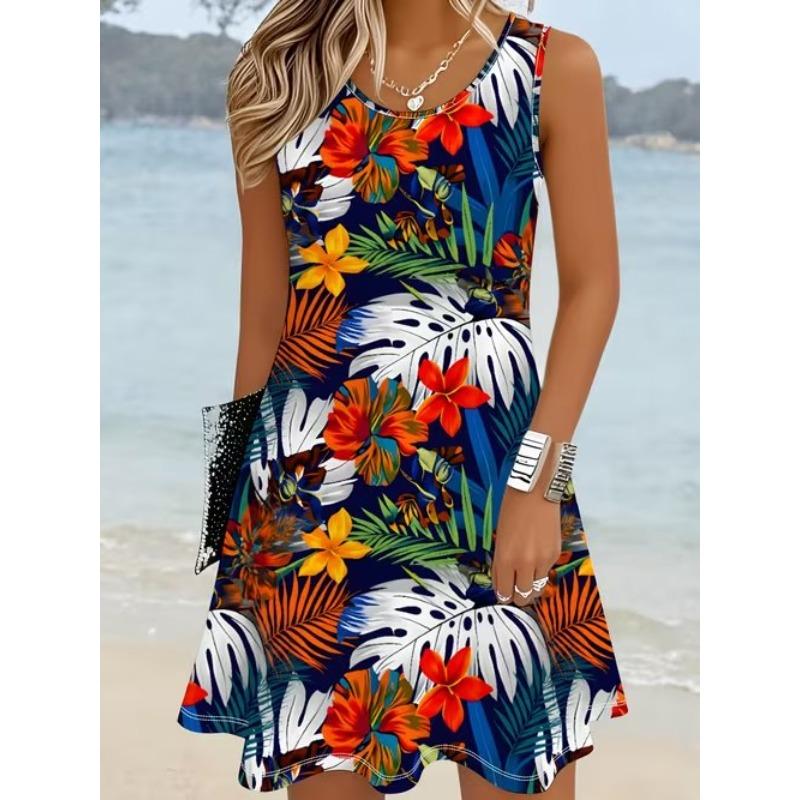 Women's Sunflower Printed Sleeveless Round Neck Dress Loose Soft and Comfortable Plus Size Dress