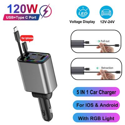 120W 5-in-1 Einziehbarer Autoladegerät USB Typ C Netzteil Schnellladekabel Zigarettenanzünder-Adapter für IOS Android Handys
