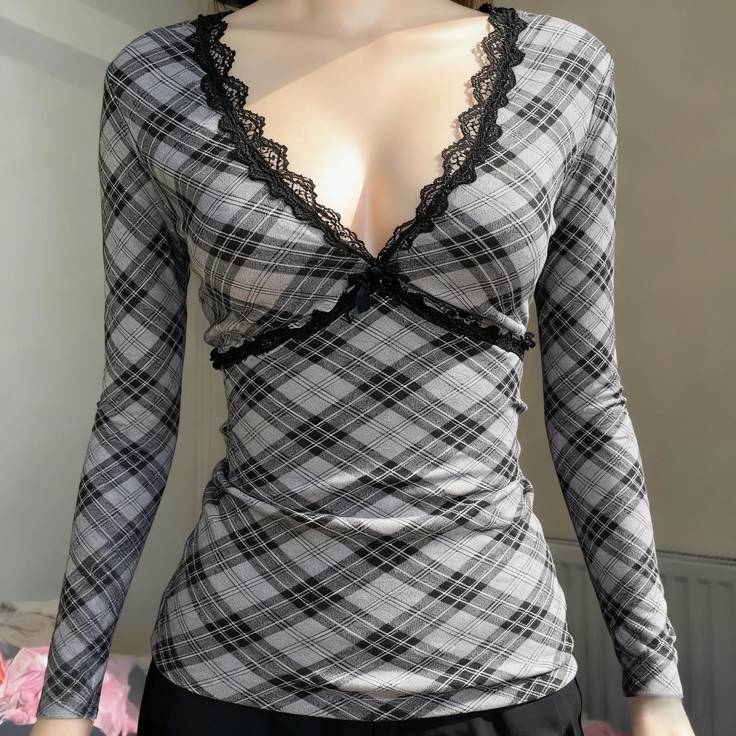 Sweet Fresh Style Slimming Plaid Lace T-shirt - New Girly Top Large серый