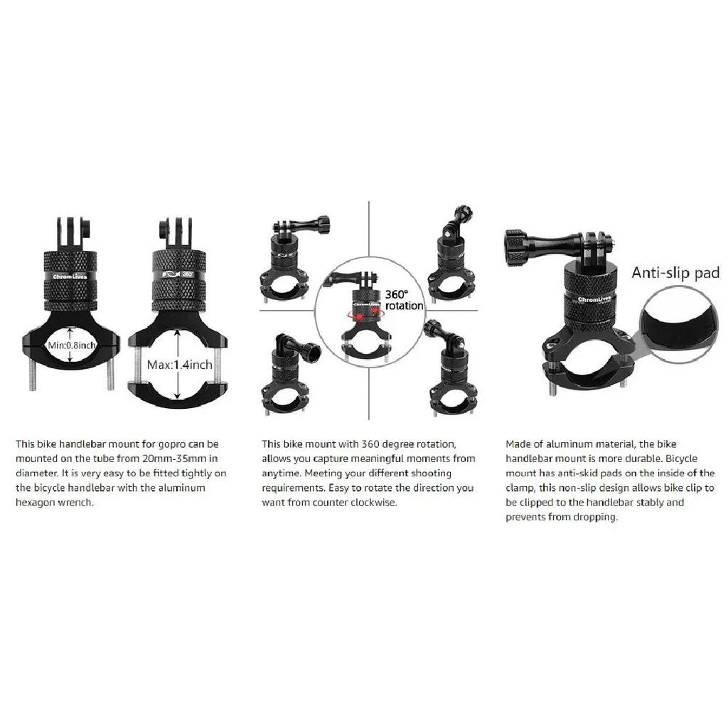 360 Degrees Rotary Aluminum Bike Bicycle Handlebar Mount for Gopro Hero 13 12 11 10 9 4Session 1/4 Screw Action Camera Mounting