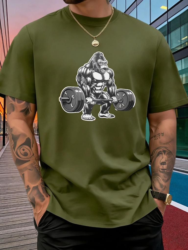 Unisex Crew Neck Cotton T Shirt Muscular Gorilla Barbell Print Short Sleeve Tops Loose Fitness Casual Summer Tees For Young Male