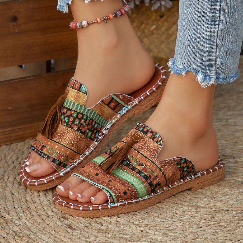 Women's Wide Width Bohemian Slides, Fringe Detail Flat Sandals, Outdoor Beach Slippers for Women