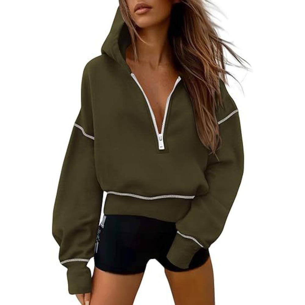 Women's Hood Neck Long Sleeve Half Zip Cropped Hoodie Loose Fit Casual Sweatshirt