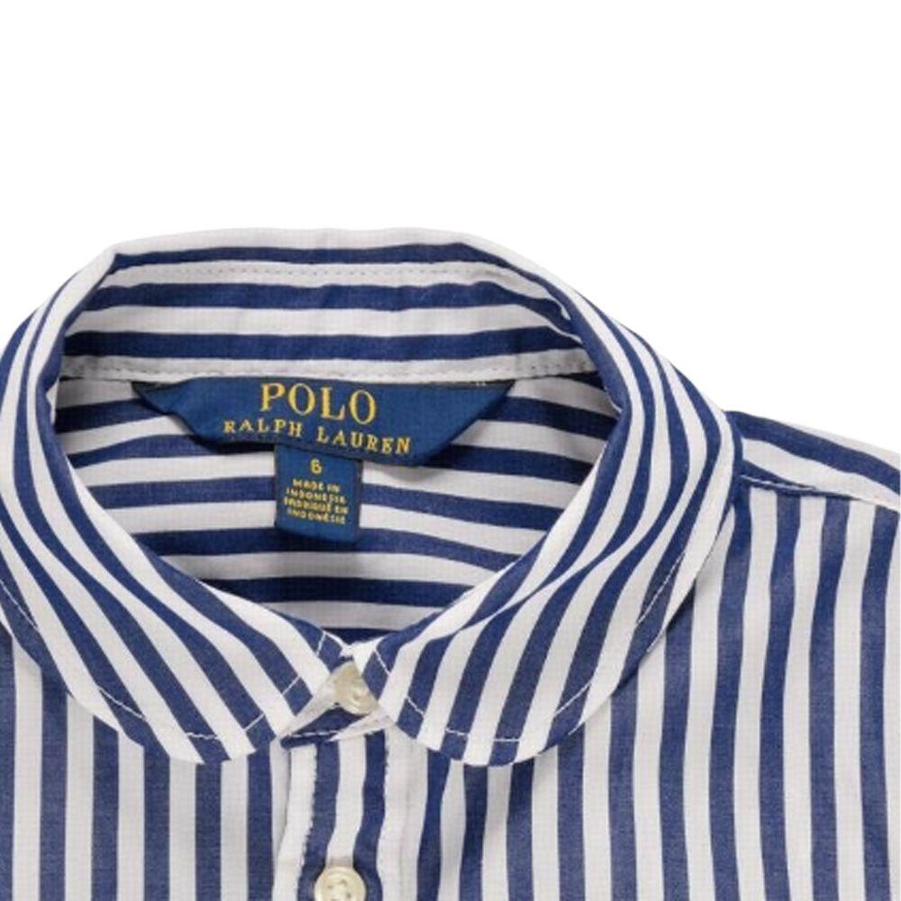 Polo Ralph Lauren Striped Print Collar Midi Long Sleeve Dress Kids Dresses White 313785816-003