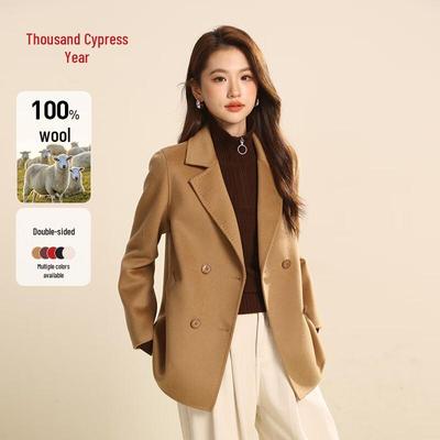 Qianbainian 100% Wool Double-Breasted Suit Collar Coat