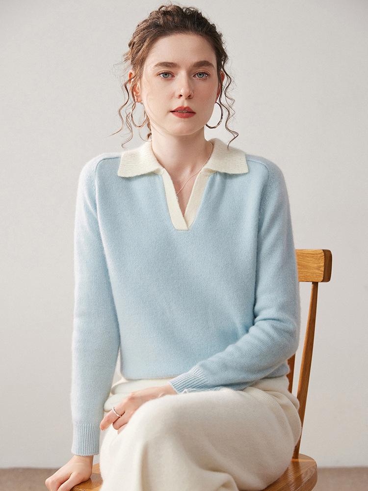 Patchwork Lapel Cashmere Sweater: Women's Slimming Knitwear Pullover