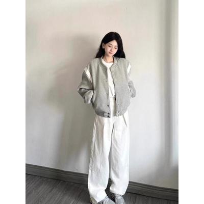 American Retro Gray Baseball Uniform Coat for Women Spring and Autumn New Hit Model Small Loose Jacket Short Top