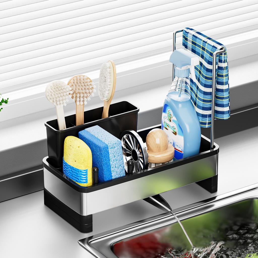 Stainless Steel Sponge Rack with Drain - Multi-Functional Kitchen Bath Storage Box for Cleaning Supplies Towels Brushes