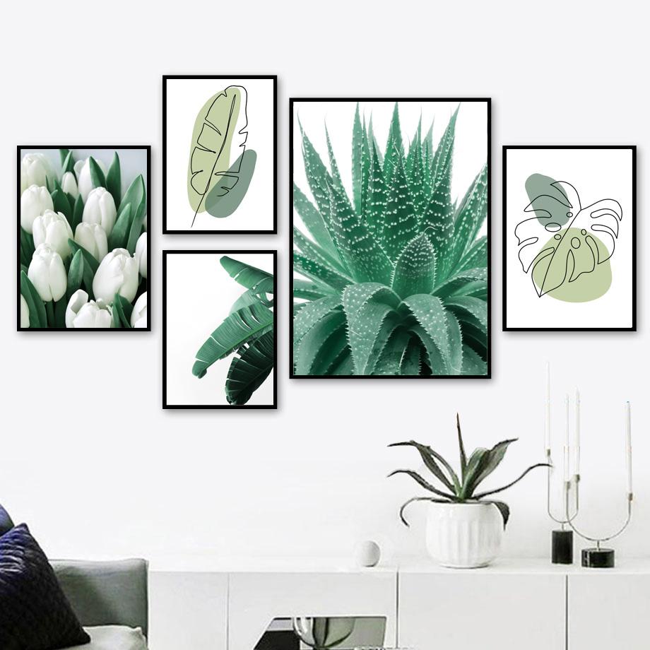 Banana Leaf Monstera Tulip Abstract Girl Lines Wall Art Canvas PostersPainting  And Prints Wall Pictures For Living Room Decor