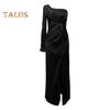 Lady Evening Dress One Shoulder Single Open Sleeve Split Hem Solid Color Slim Waist Pleated Knot Decor Solid Color Prom Cocktail Party Maxi Dress