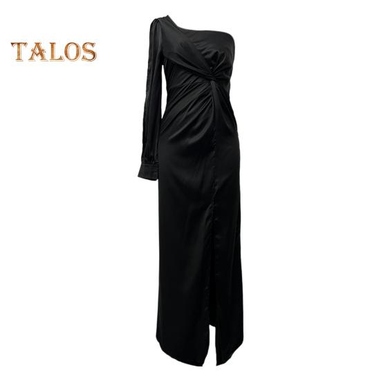 Lady Evening Dress One Shoulder Single Open Sleeve Split Hem Solid Color Slim Waist Pleated Knot Decor Solid Color Prom Cocktail Party Maxi Dress