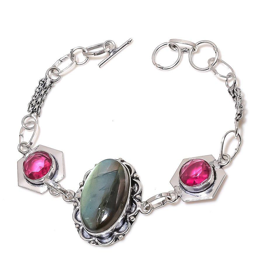 

Браслет из стерлингового серебра 925 пробы с натуральным лабрадоритом и рубиллитом 7–8 дюймов B9t43