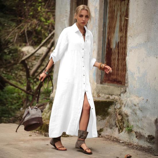 Women's Cotton Linen Shirt Dress Casual Rolled-Up Sleeve Button Dowm Maxi Dress Summer Loose