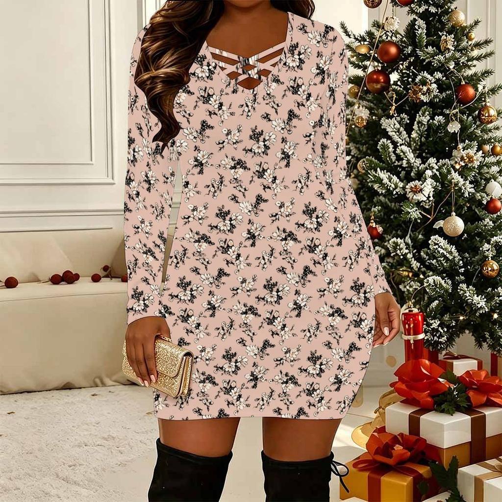 Women Plus Size Long Sleeve V Neck Crisscross Hollow Bodycon Mini Dress