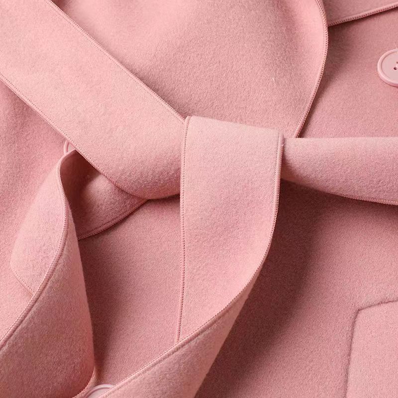 Teplý a módní vlněný kabát v jednobarevných barvách pro ženy s páskem na podzim a zimu