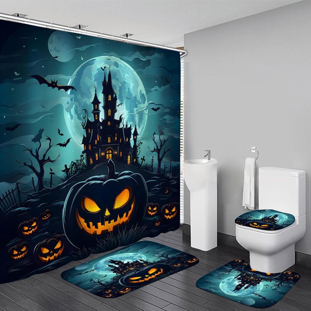 Halloween Shower Curtain Sets Haunted House Pumpkin Shower Curtains With 12 Hooks, Bathroom Decor Sets With Curtain And Rugs