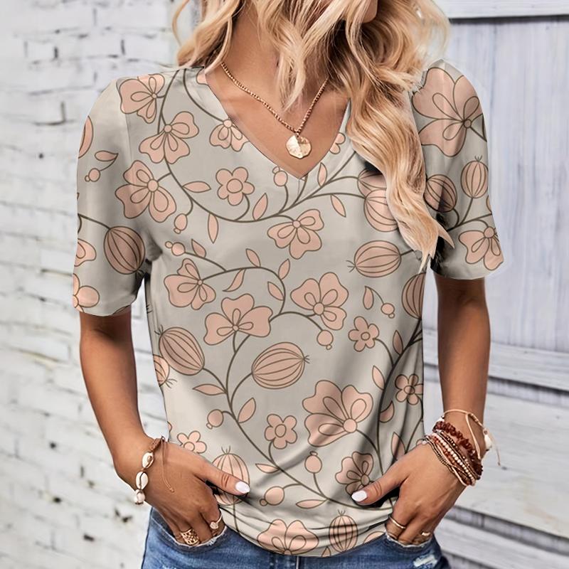 Fashionable summer leaf 3D printed women's V-neck short sleeved shirt
