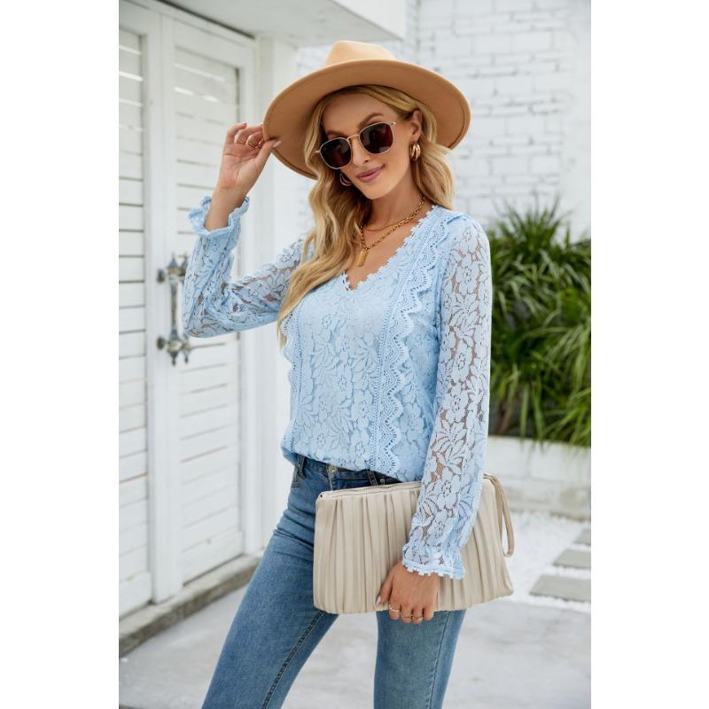 Spring and Autumn Women's Blouse Lace Long Sleeve Solid Colour Hollow Out Lace Sexy Knitted Top