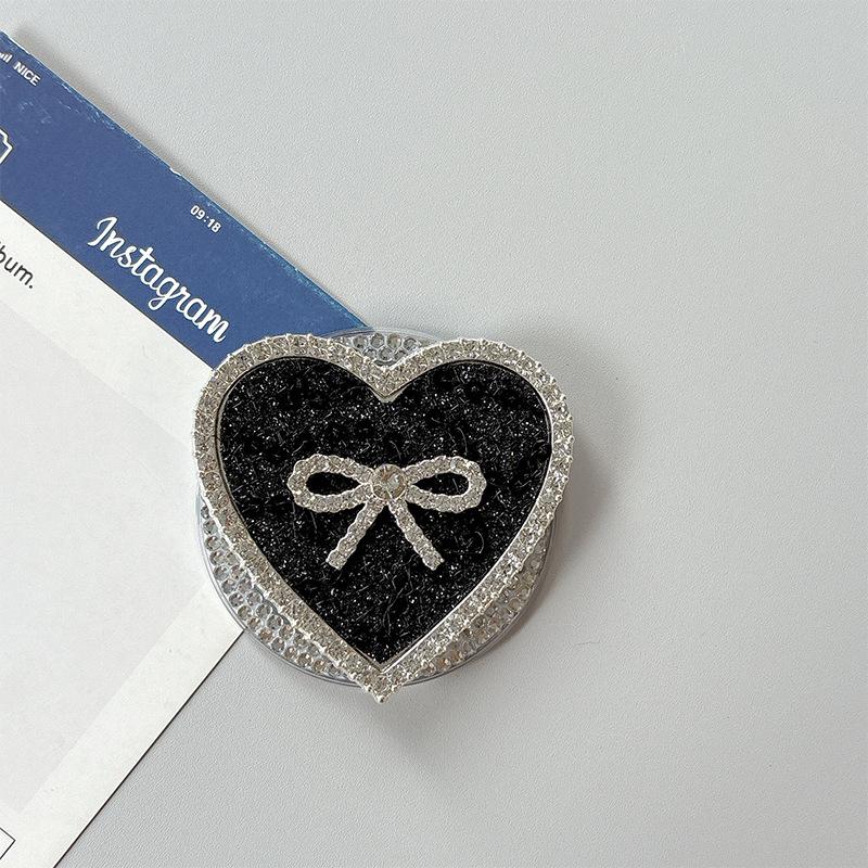 Rhinestone Leather Pattern Love Bow Mobile Phone Airbag Holder Magnetic Paste Retractable Women'S Premium Sense Ring