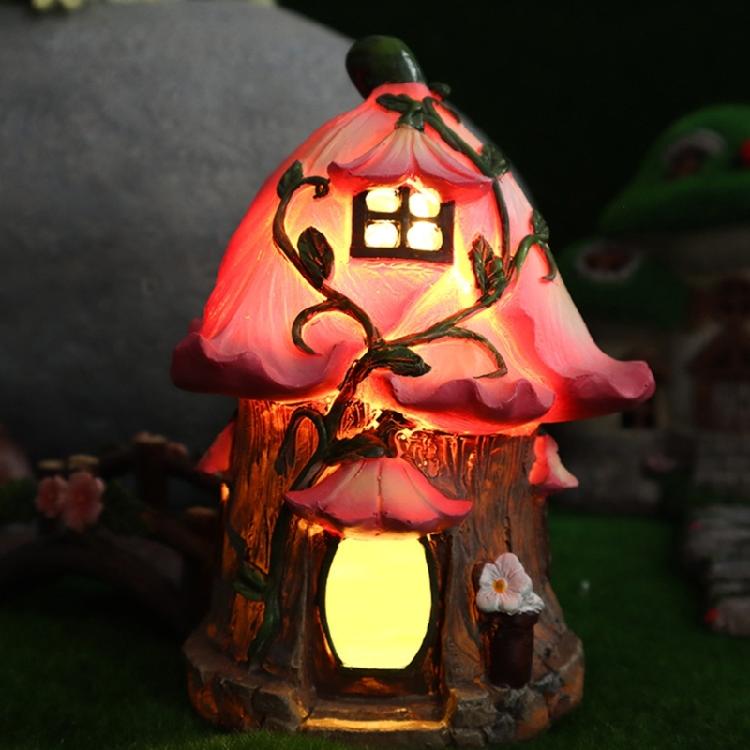 Fairies Tale Landscape Ornament Solar Lighted Illuminated Mushroom House Resin Statue Suitable For Outdoor Night Display