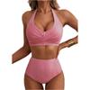 Women Neck High Waist Bikini Set Two Piece Swimsuit with Vertical Stripe Print and Ruched Top Design for Beachwear
