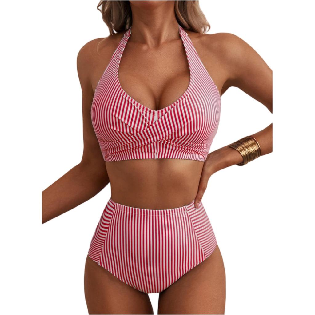Women Neck High Waist Bikini Set Two Piece Swimsuit with Vertical Stripe Print and Ruched Top Design for Beachwear