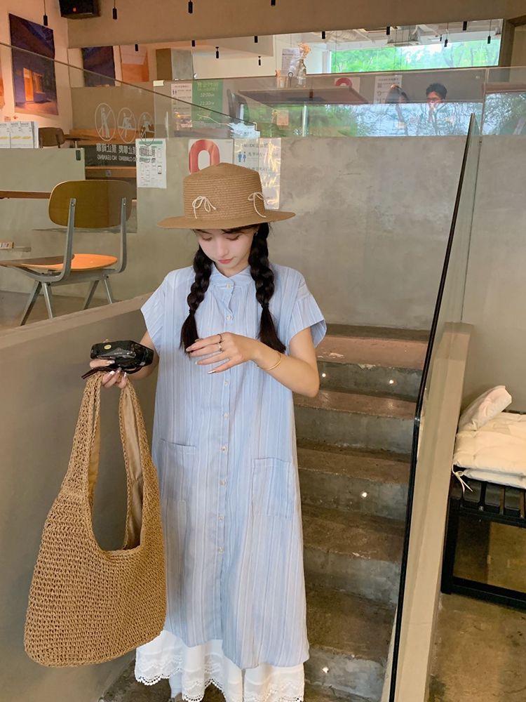 Women's Blue Striped Short-Sleeve Loose A-Line Shirt Dress, Summer 2024 Korean Style