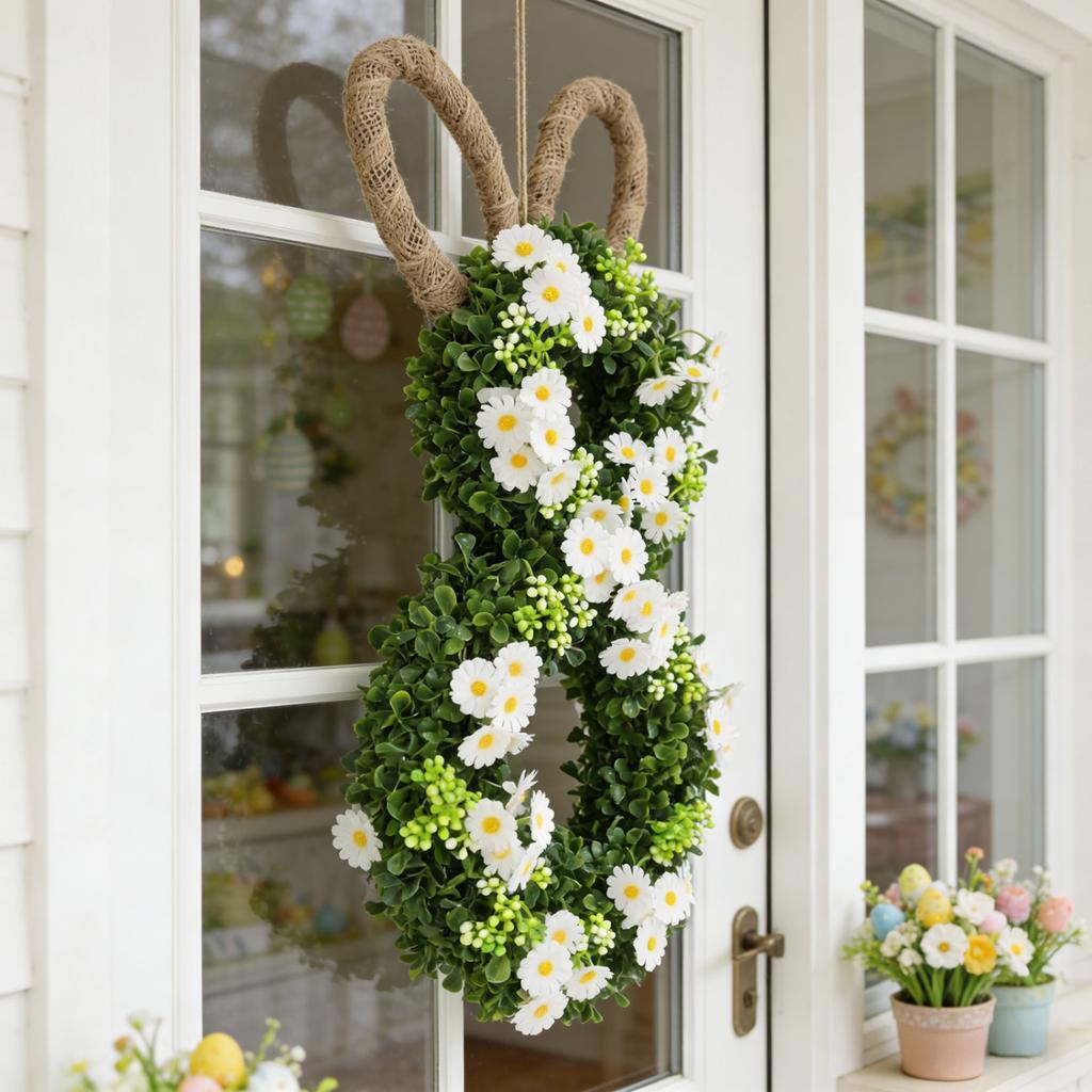 50*25cm Easter Bunny Wreath With Flowers, Bunny Shaped Pendant, Front Door Decoration