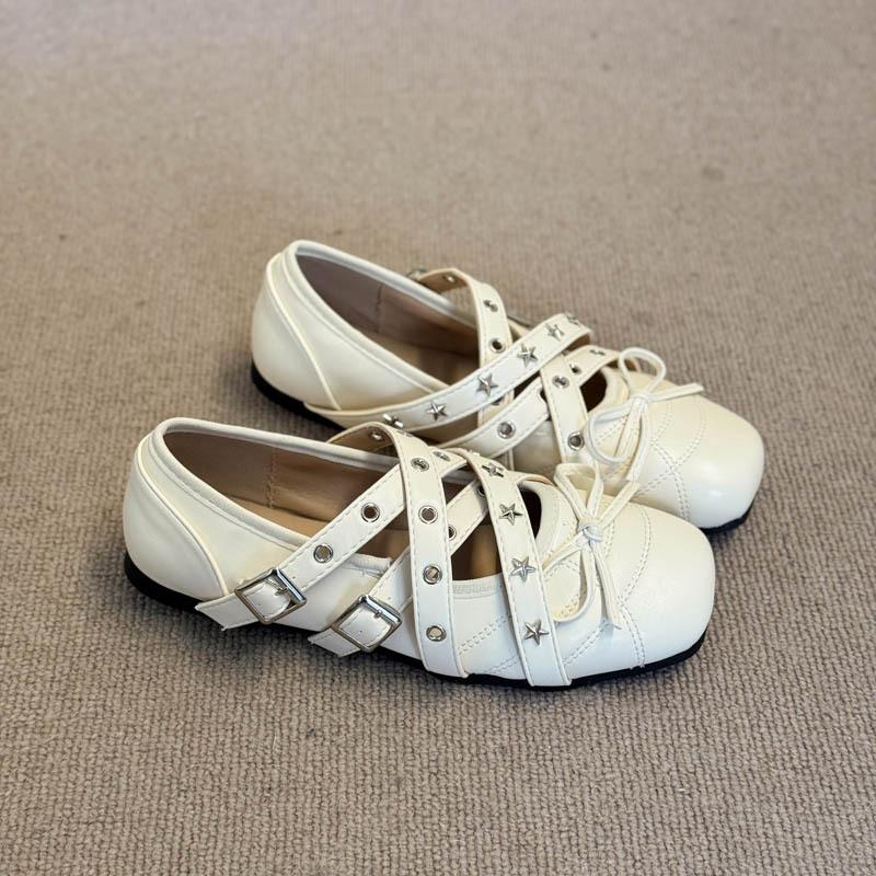 

Retro bow cross strap Mary Jane shoes women s 2025 spring and summer new shallow rivet ballet flat shoes 35 белый