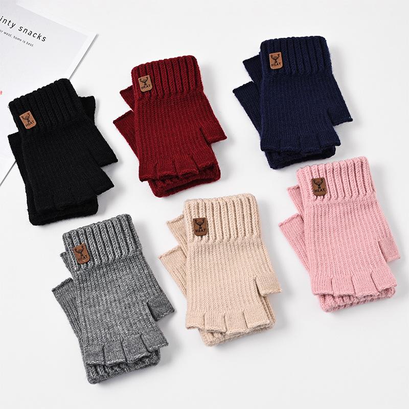

Wool knitted gloves men s autumn and winter dew finger students writing typing riding touch screen warm half finger gloves one size fits all Темно-синій