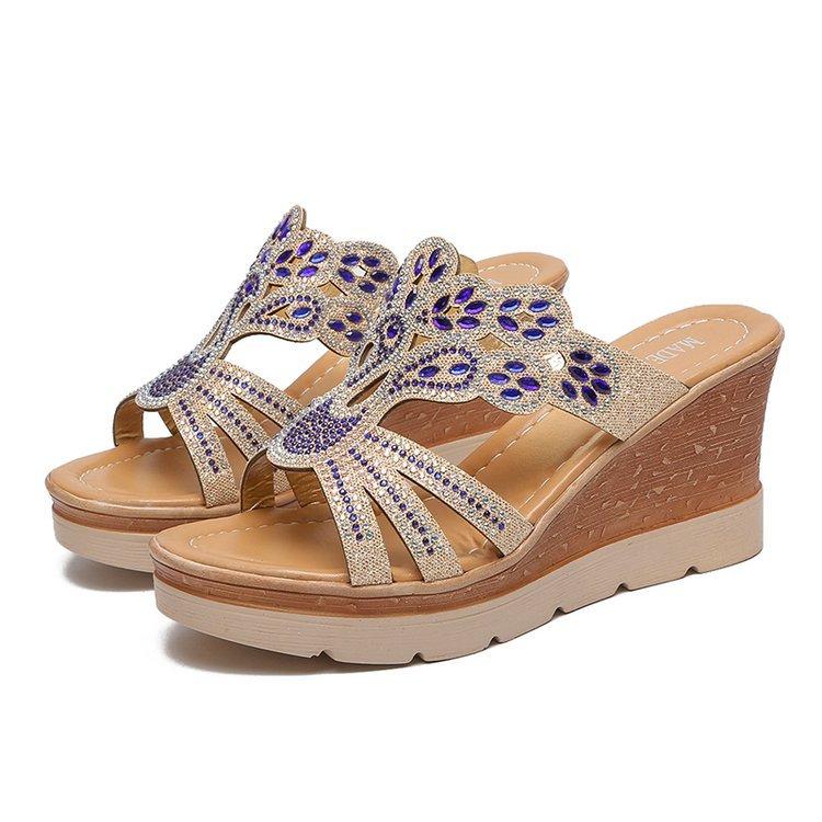 Summer new rhinestone high-heeled wedge-heeled cool slippers women's muffin thick-soled slippers wedge-heeled large-size cool slippers