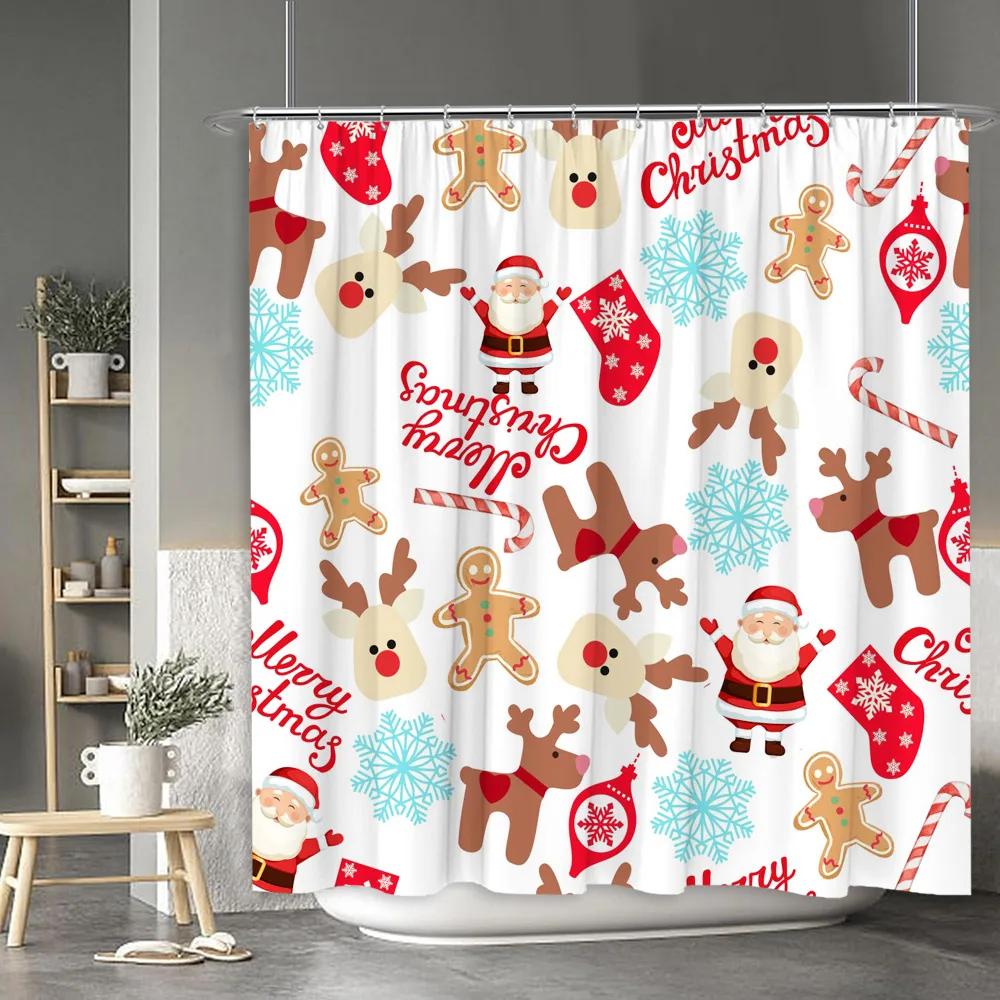 Christmas Shower Curtain Santa Claus Snowman Moose Cartoon Christmas Tree Winter Home Polyester Fabric Bathroom Decor Curtains