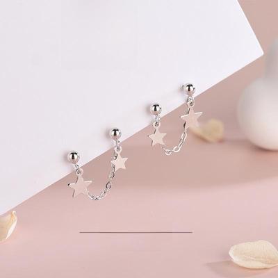 S925 Sterling Silver Korean Round Bead Tassel Star Earrings, Double Wear, Five-Pointed Star, Single Piece for Dual Ear Holes