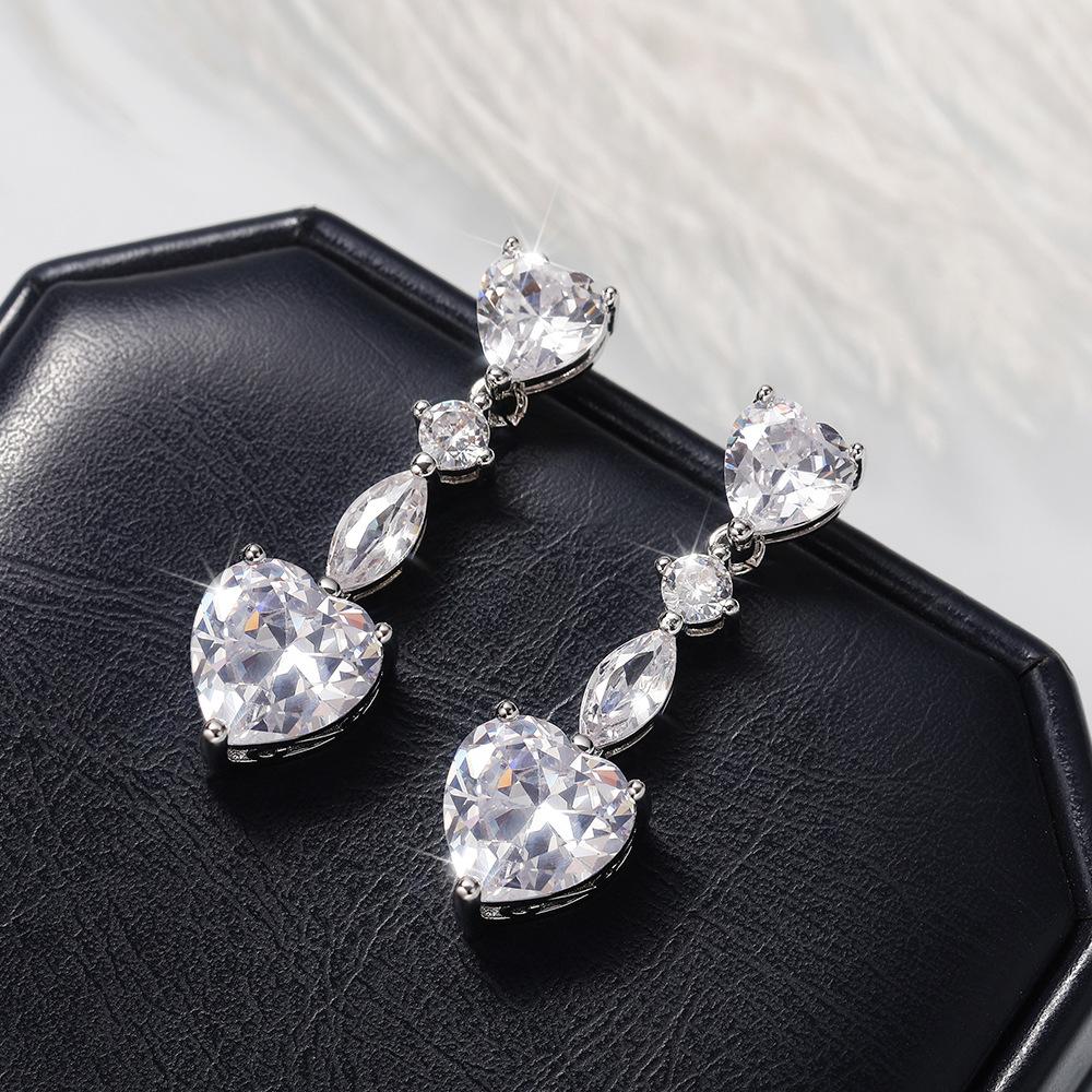 Trendy Elegant Created Red Heart Zircon Earrings  Silver Needle String Statement Drop Earrings for Women Wedding Party Gift